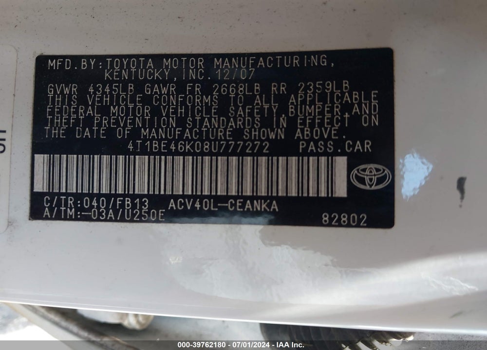 2008 TOYOTA CAMRY LE VIN: 4T1BE46K08U777272