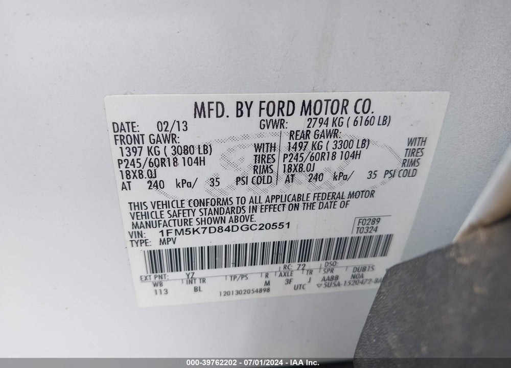 2013 FORD EXPLORER XLT VIN: 1FM5K7D84DGC20551