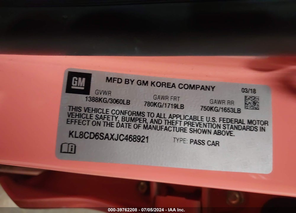 2018 CHEVROLET SPARK 1LT CVT VIN: KL8CD6SAXJC468921