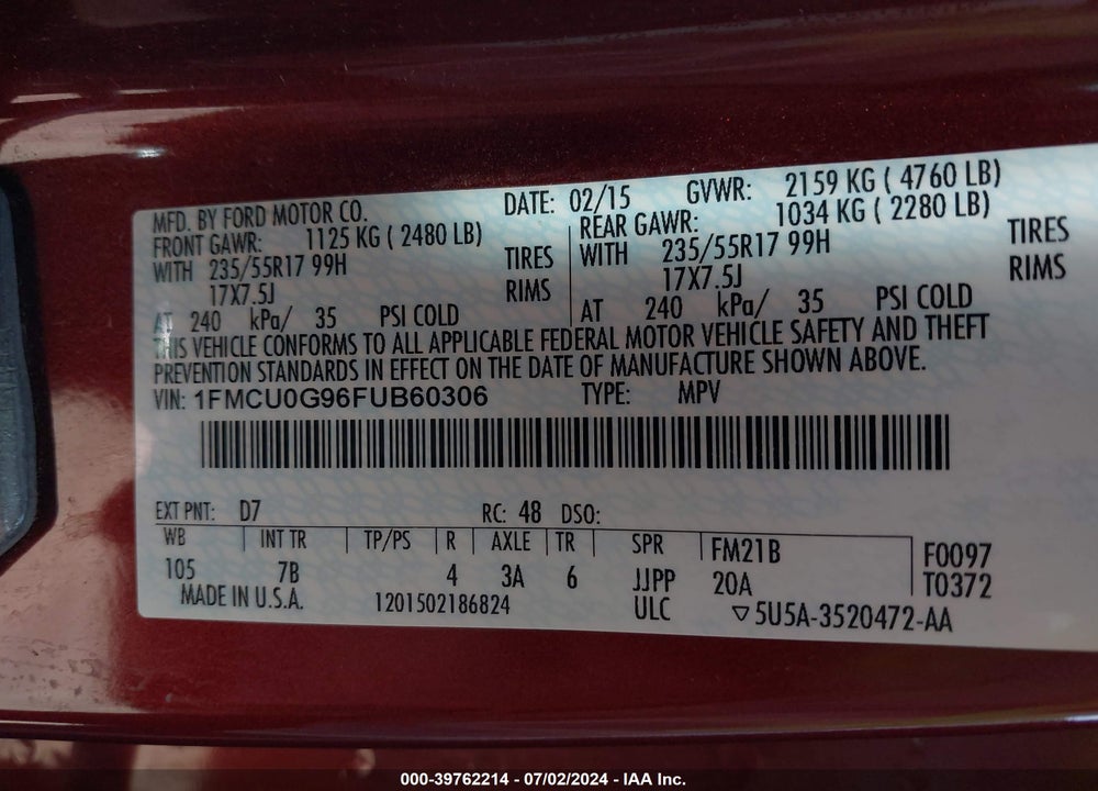 2015 FORD ESCAPE SE VIN: 1FMCU0G96FUB60306