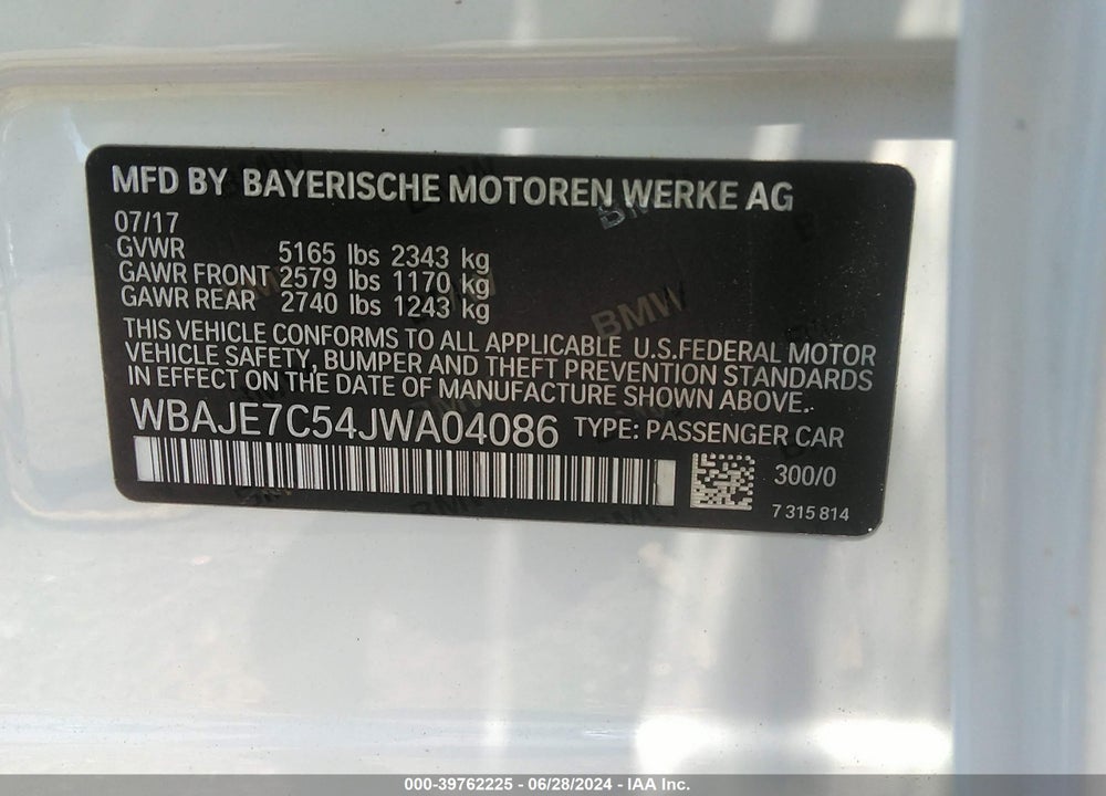 2018 BMW 540I XDRIVE VIN: WBAJE7C54JWA04086