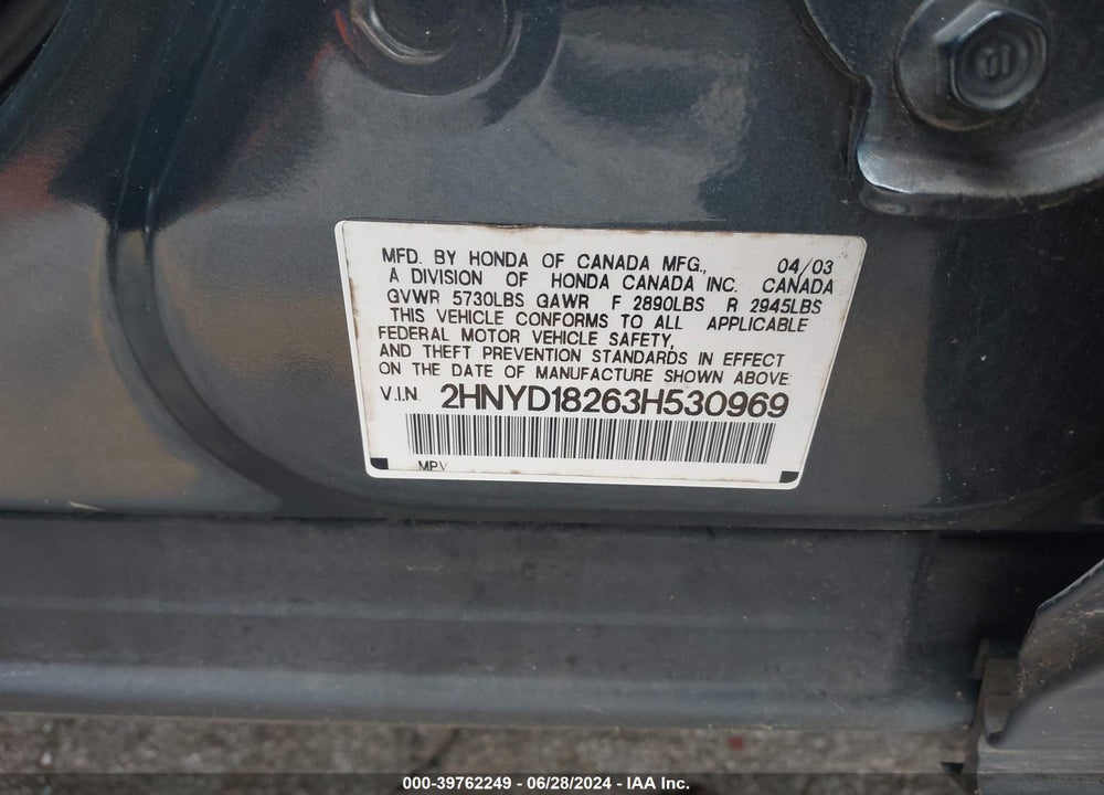 2003 ACURA MDX VIN: 2HNYD18263H530969