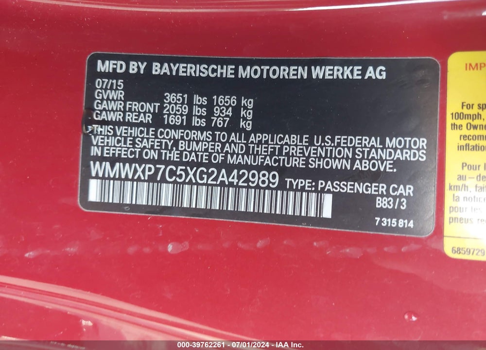 2016 MINI HARDTOP COOPER S VIN: WMWXP7C5XG2A42989