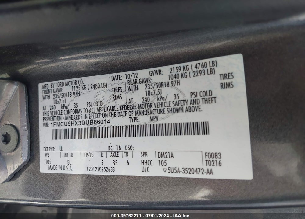 2013 FORD ESCAPE SEL VIN: 1FMCU9HX3DUB66014