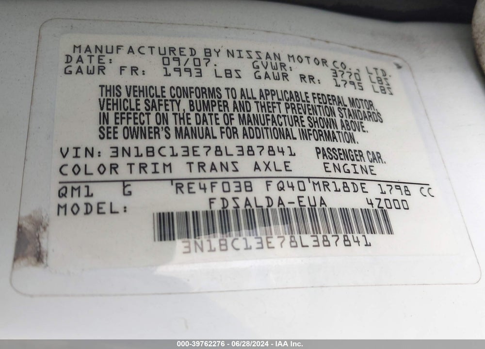 2008 NISSAN VERSA 1.8S VIN: 3N1BC13E78L387841