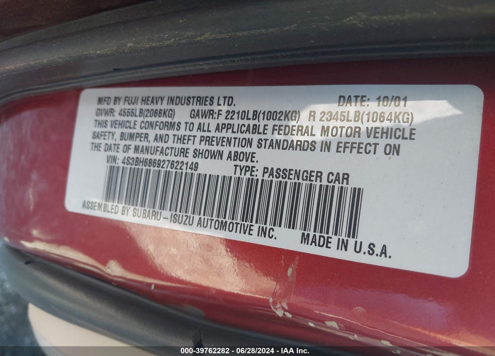 2002 SUBARU OUTBACK LIMITED VIN: 4S3BH686927622149