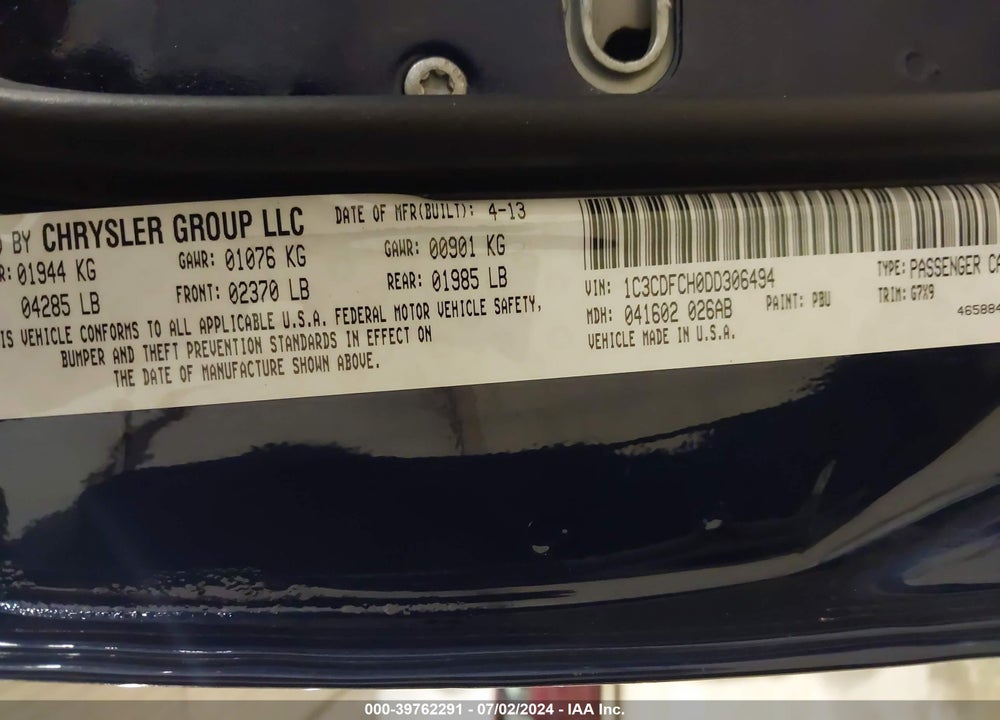 2013 DODGE DART LIMITED VIN: 1C3CDFCH0DD306494
