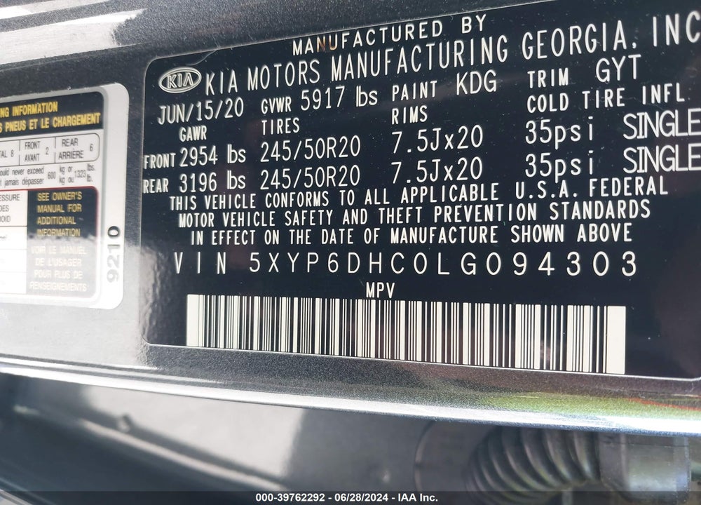 2020 KIA TELLURIDE S VIN: 5XYP6DHC0LG094303