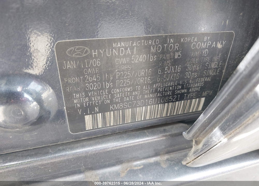 2006 HYUNDAI SANTA FE GLS VIN: KM8SC73D16U108521