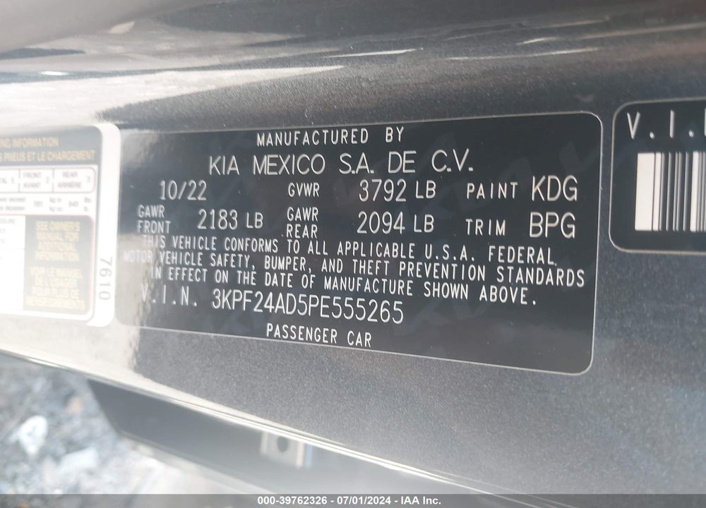 2023 KIA FORTE LXS VIN: 3KPF24AD5PE555265
