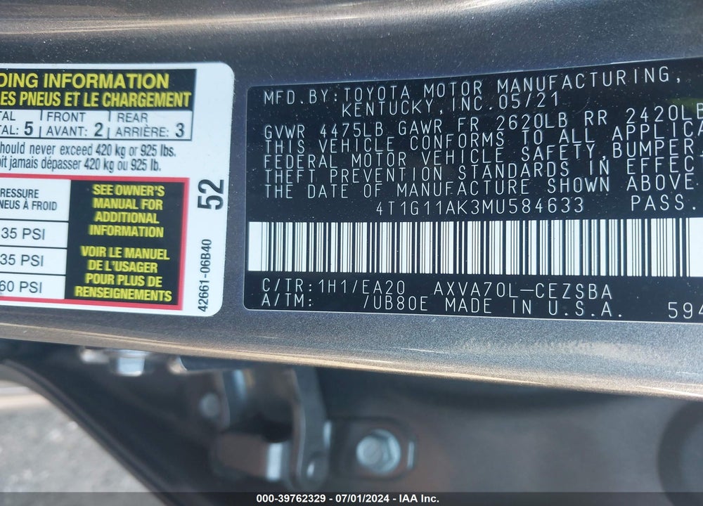 2021 TOYOTA CAMRY SE VIN: 4T1G11AK3MU584633