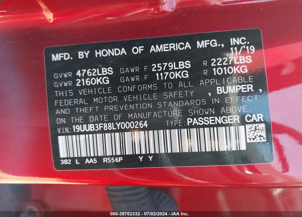 2020 ACURA TLX ADVANCE PACKAGE/PMC EDITION VIN: 19UUB3F88LY000264
