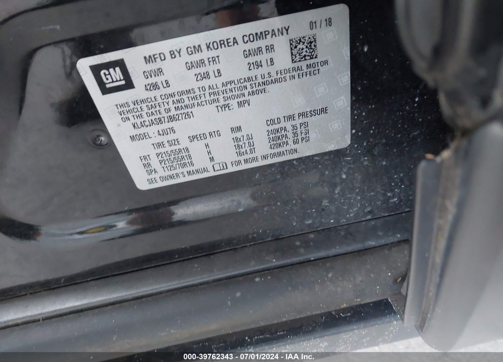 2018 BUICK ENCORE PREFERRED VIN: KL4CJASB7JB627261