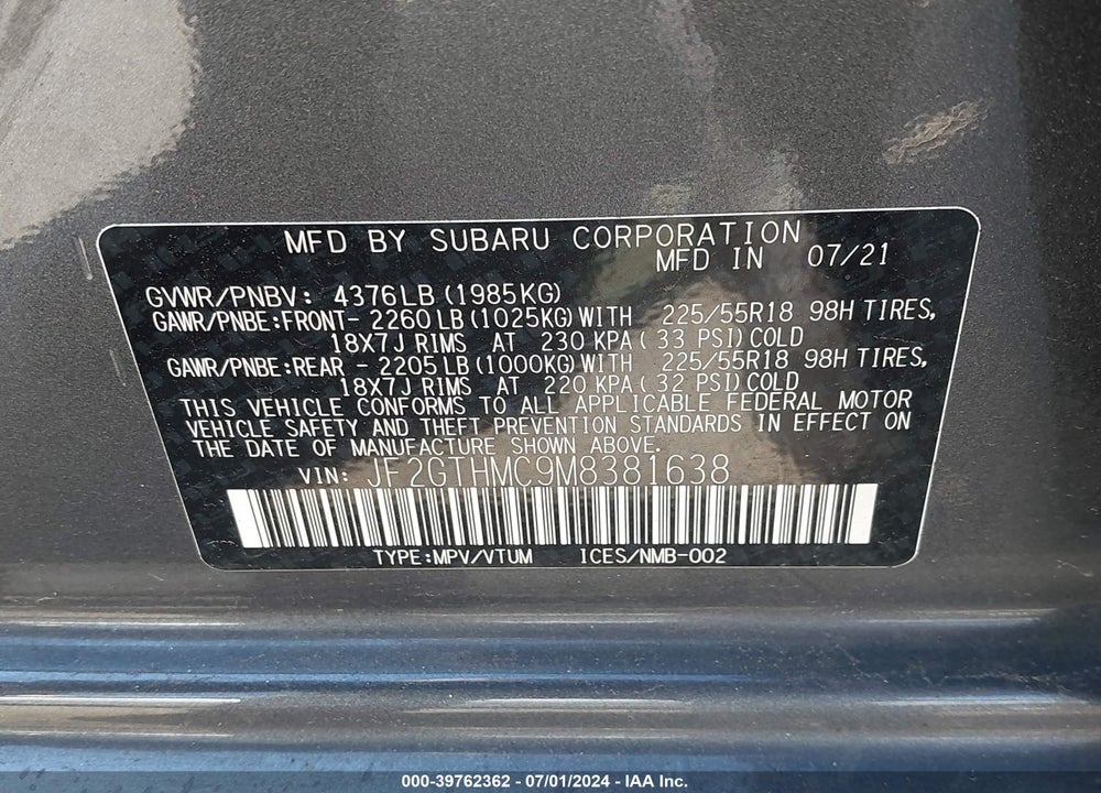 2021 SUBARU CROSSTREK LIMITED VIN: JF2GTHMC9M8381638