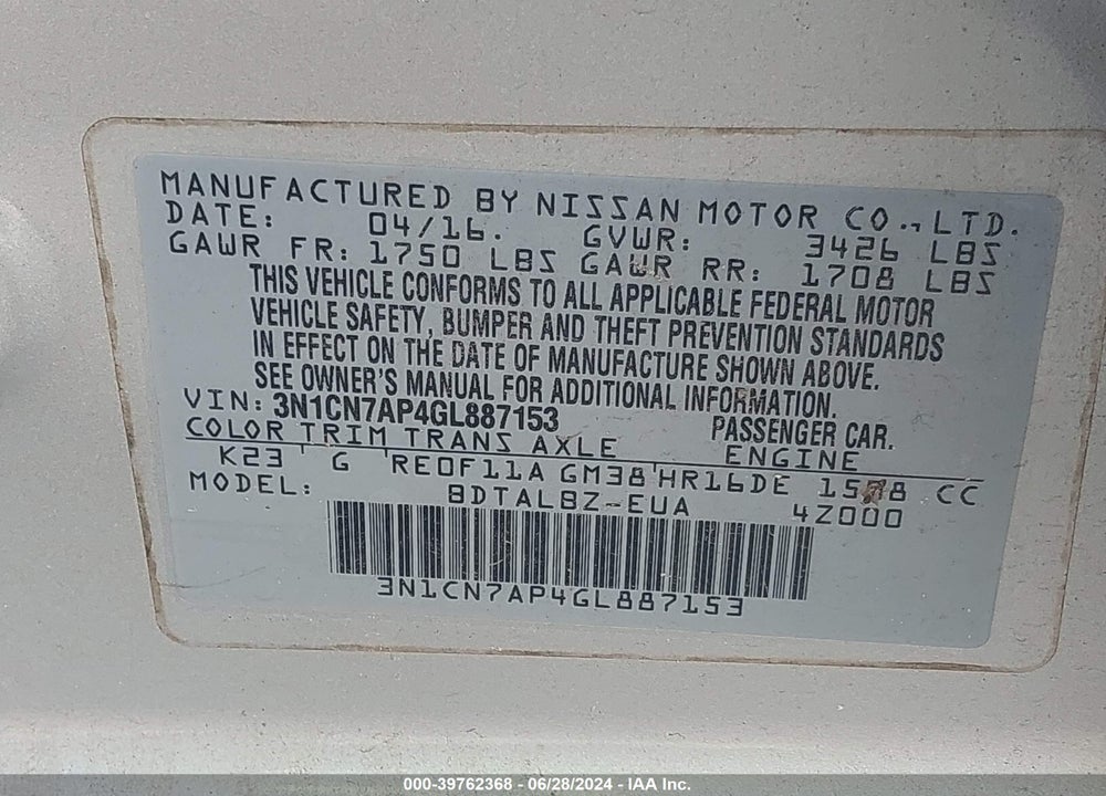 2016 NISSAN VERSA 1.6 SV VIN: 3N1CN7AP4GL887153