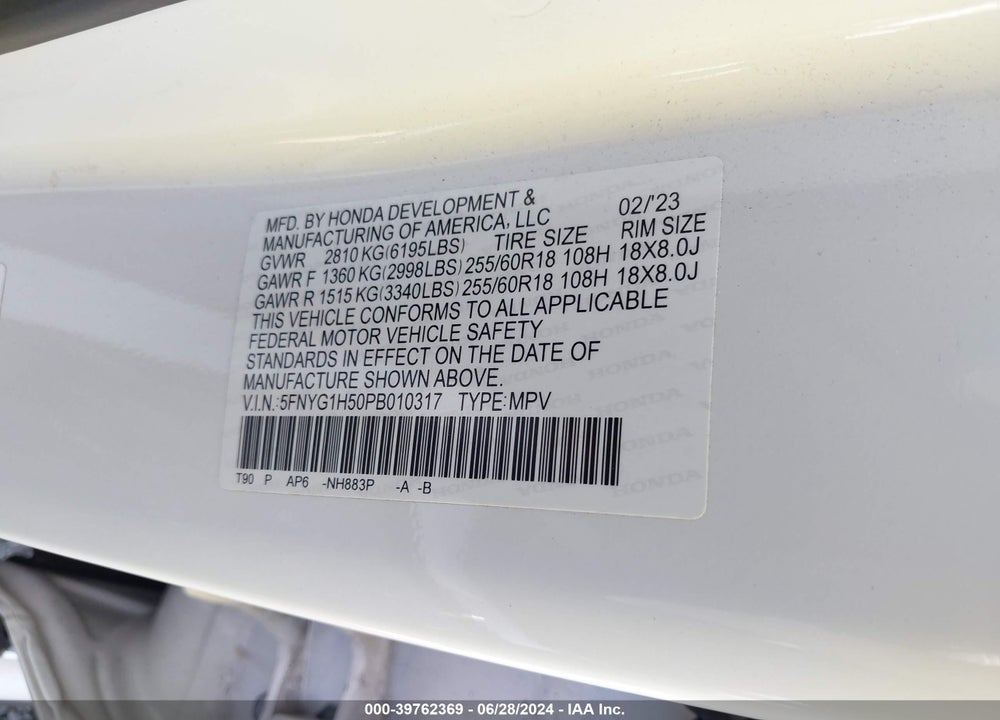 2023 HONDA PILOT AWD EX-L 7 PASSENGER VIN: 5FNYG1H50PB010317