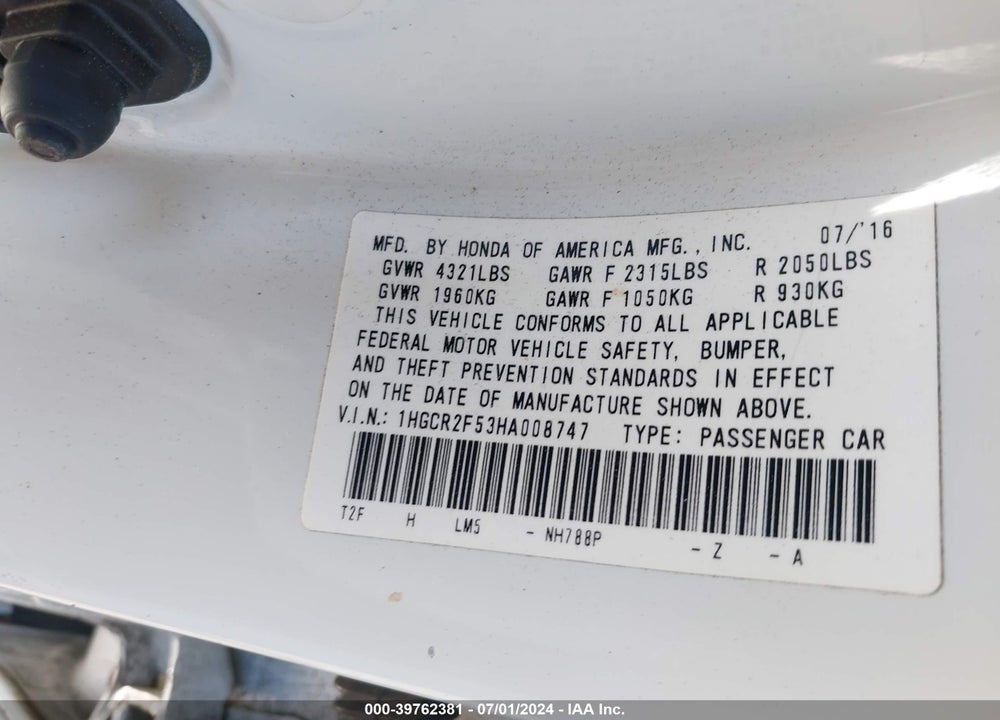 2017 HONDA ACCORD SPORT VIN: 1HGCR2F53HA008747