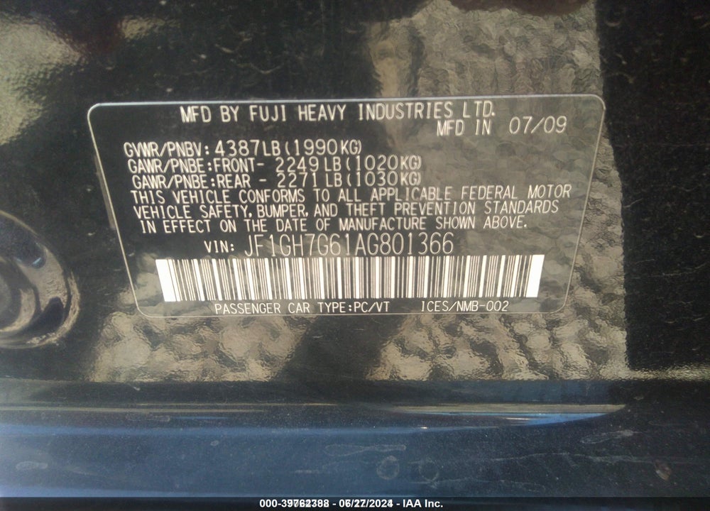 2010 SUBARU IMPREZA WRX PREMIUM VIN: JF1GH7G61AG801366
