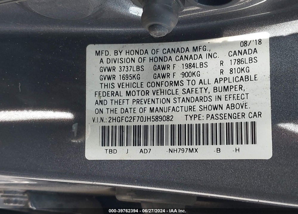 2018 HONDA CIVIC EX VIN: 2HGFC2F70JH589082