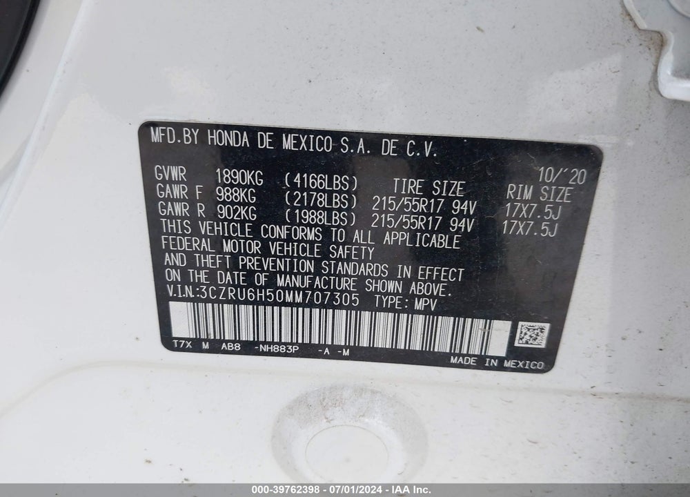 2021 HONDA HR-V AWD EX VIN: 3CZRU6H50MM707305