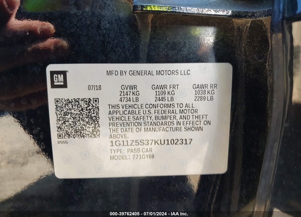 2019 CHEVROLET IMPALA LT VIN: 1G11Z5S37KU102317