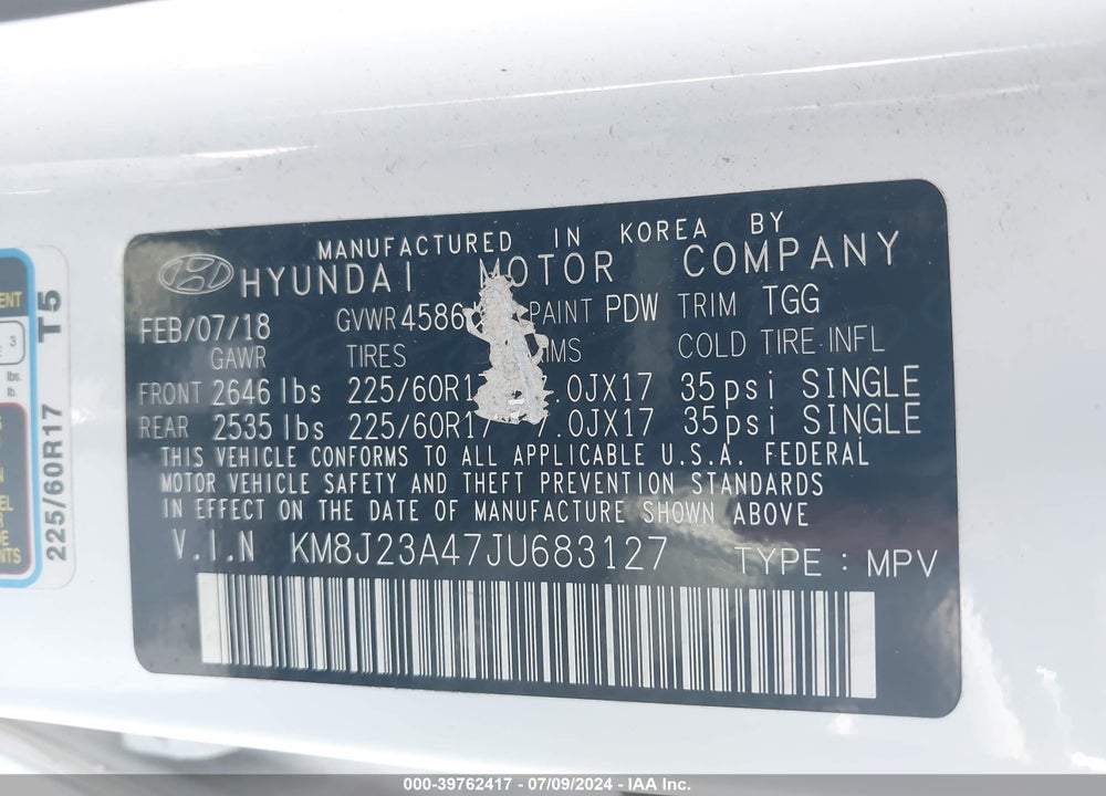 2018 HYUNDAI TUCSON VIN: KM8J23A47JU683127