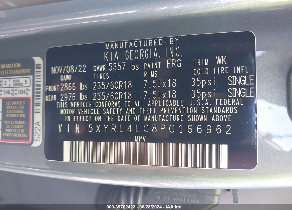 2023 KIA SORENTO S VIN: 5XYRL4LC8PG166962