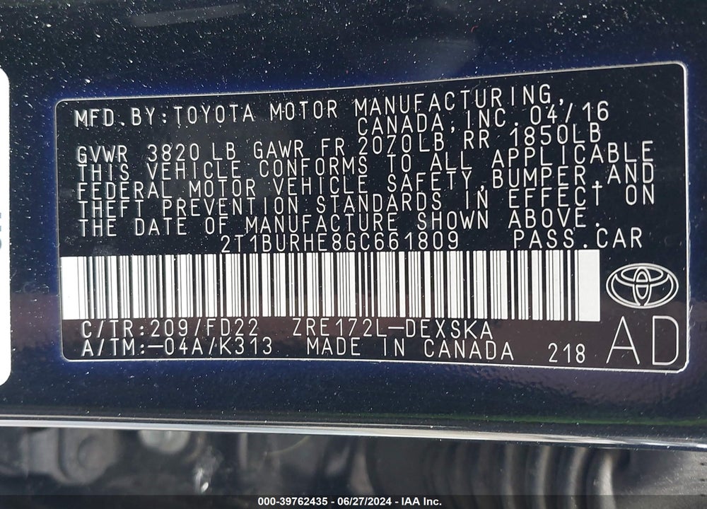 2016 TOYOTA COROLLA S PLUS VIN: 2T1BURHE8GC661809