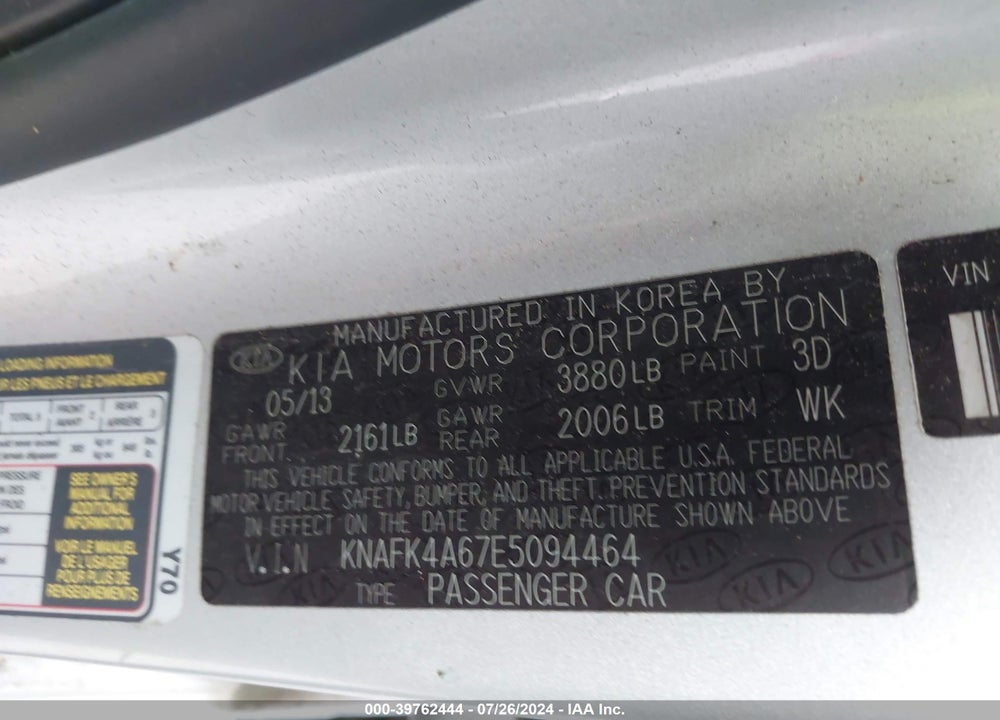 2014 KIA FORTE LX VIN: KNAFK4A67E5094464