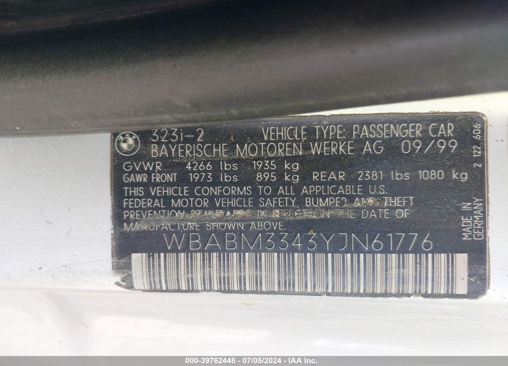2000 BMW 323CI VIN: WBABM3343YJN61776