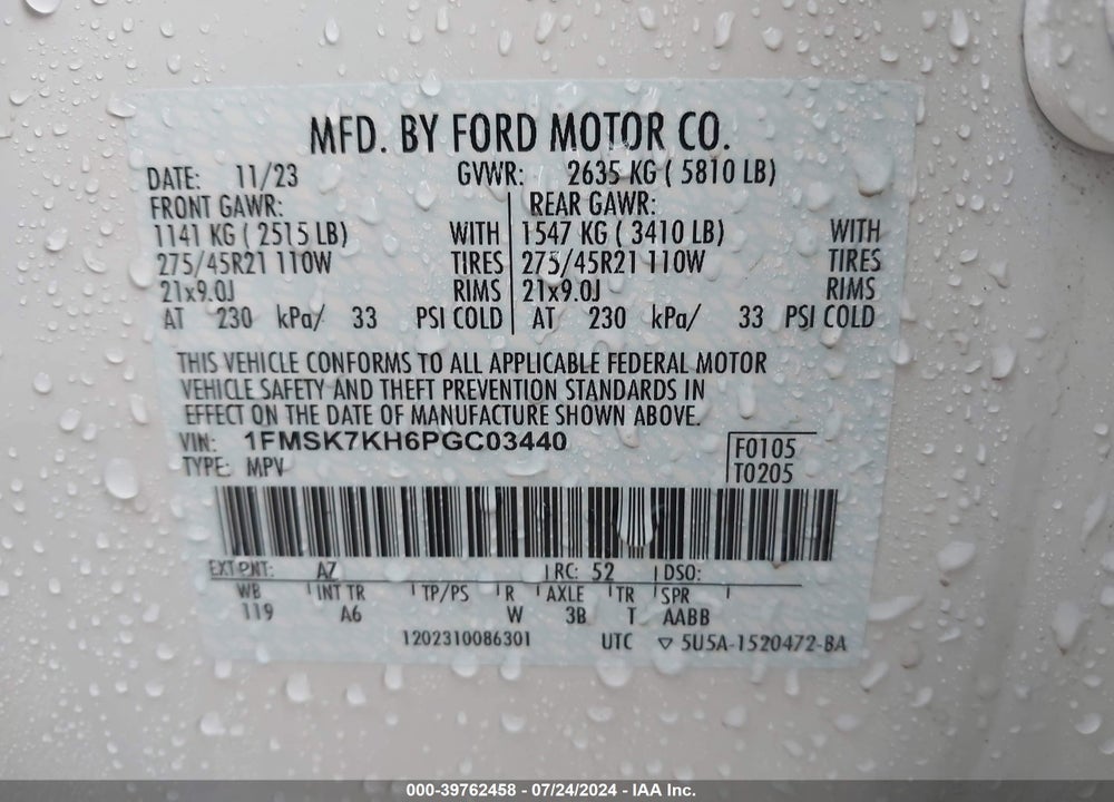 2023 FORD EXPLORER ST-LINE VIN: 1FMSK7KH6PGC03440