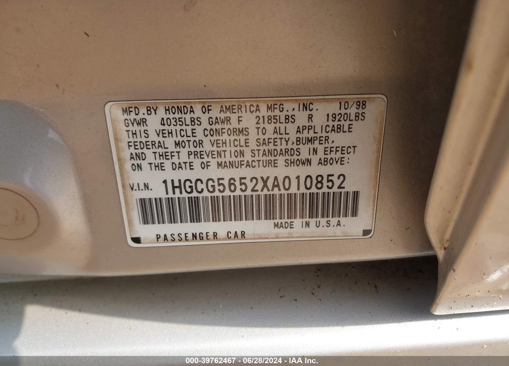 1999 HONDA ACCORD EX VIN: 1HGCG5652XA010852