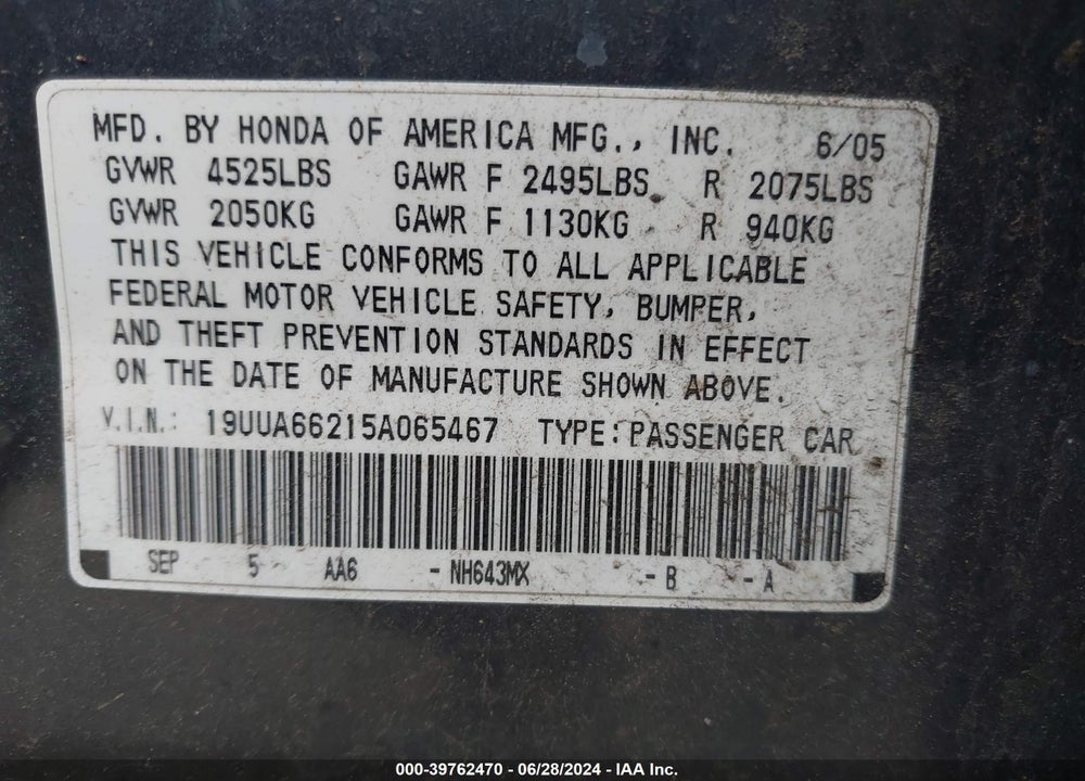 2005 ACURA TL VIN: 19UUA66215A065467