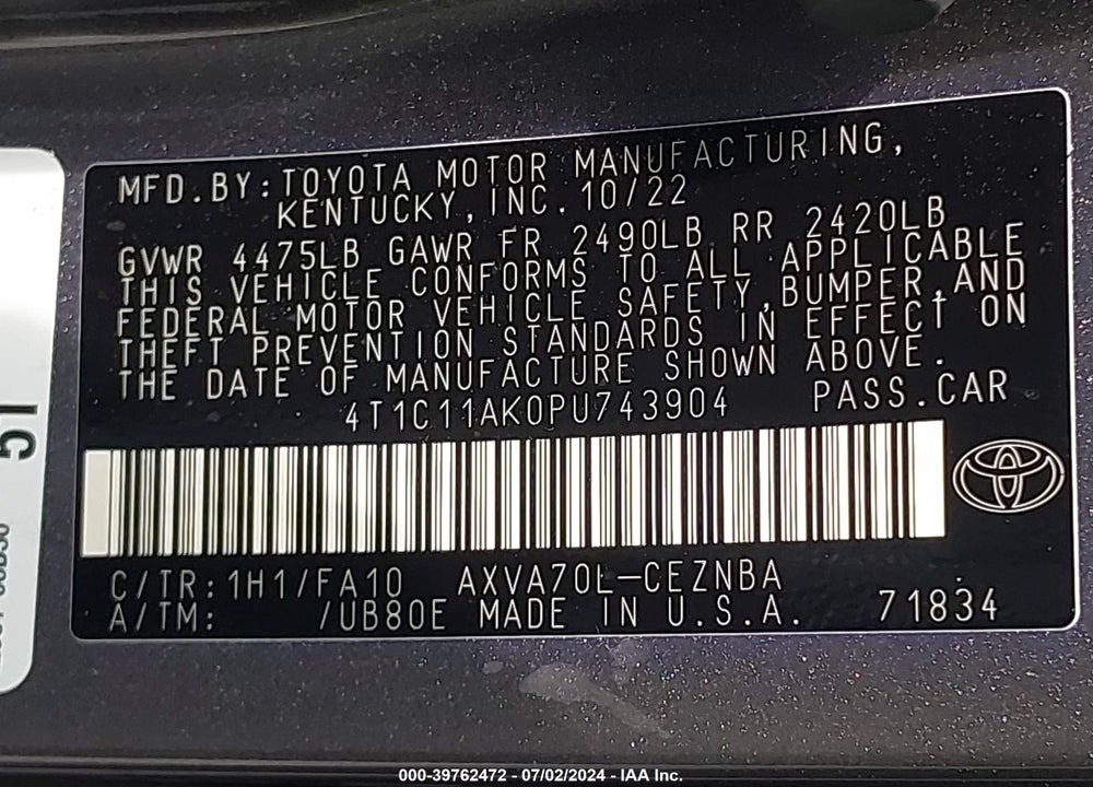 2023 TOYOTA CAMRY LE VIN: 4T1C11AK0PU743904