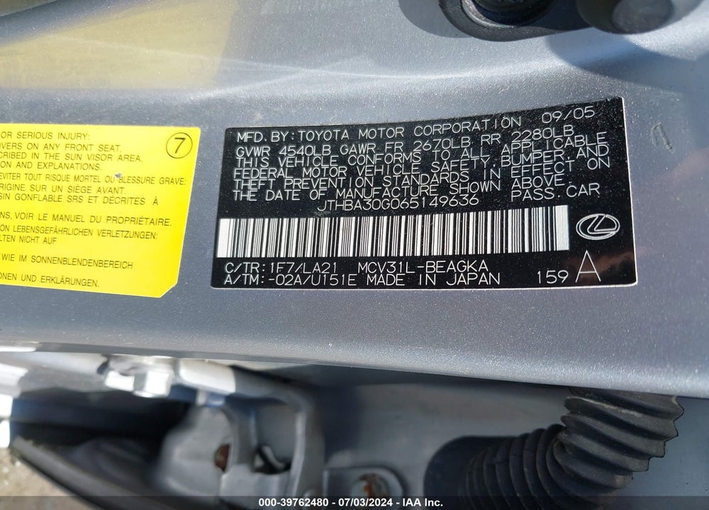 2006 LEXUS ES 330 VIN: JTHBA30G065149636
