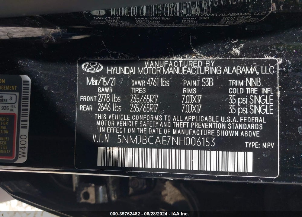 2022 HYUNDAI TUCSON SEL VIN: 5NMJBCAE7NH006153