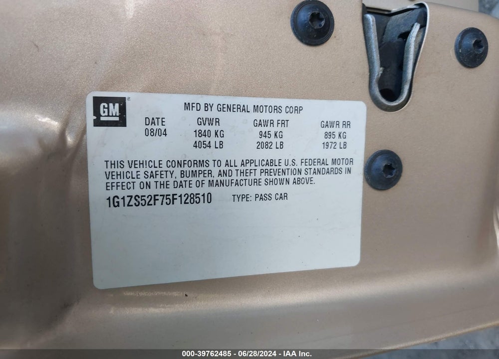 2005 CHEVROLET MALIBU VIN: 1G1ZS52F75F128510