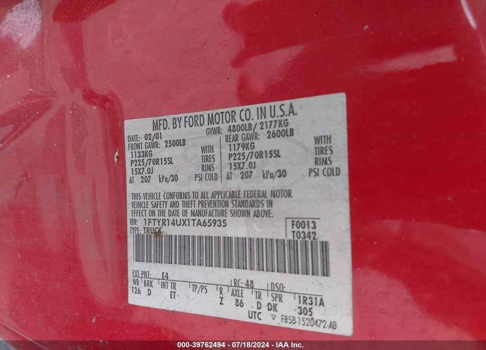 2001 FORD RANGER EDGE/XL/XLT VIN: 1FTYR14UX1TA65935