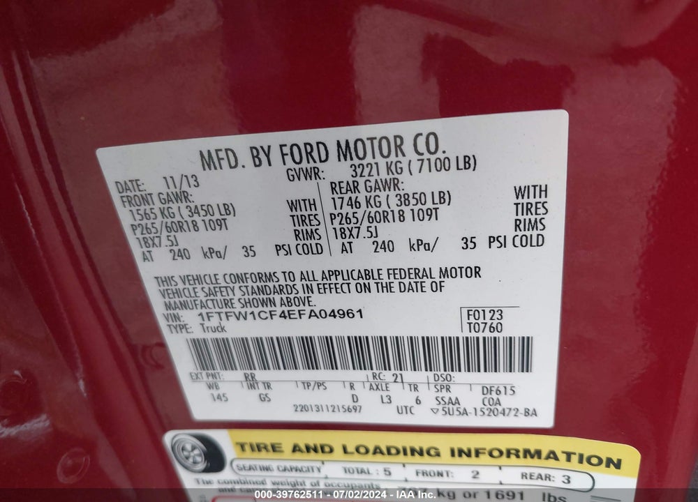 2014 FORD F-150 XLT VIN: 1FTFW1CF4EFA04961
