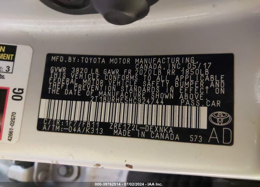 2017 TOYOTA COROLLA LE VIN: 2T1BURHE5HC924744