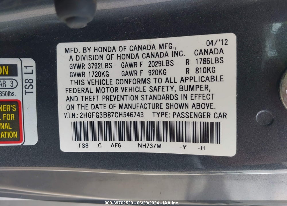2012 HONDA CIVIC VIN: 2HGFG3B87CH546743