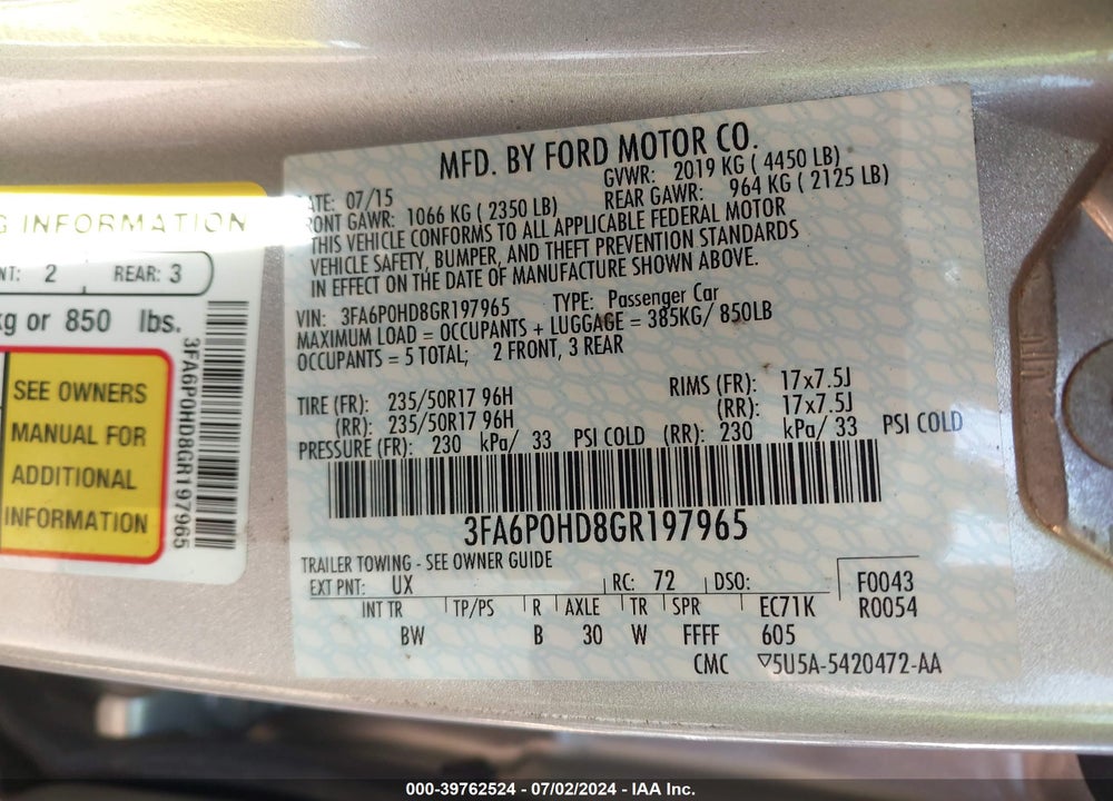 2016 FORD FUSION SE VIN: 3FA6P0HD8GR197965