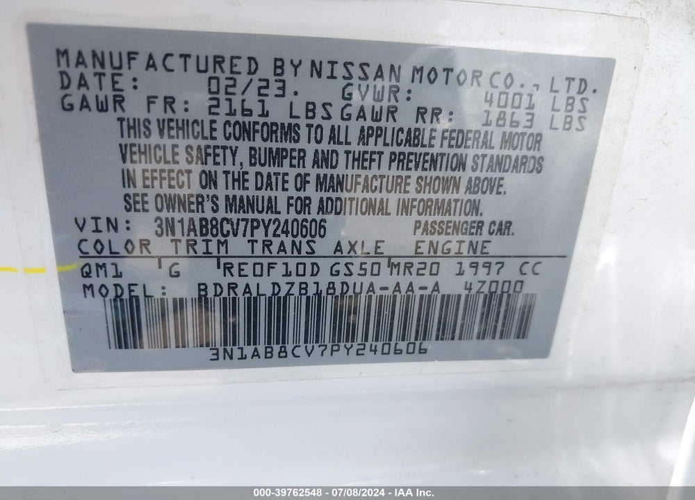 2023 NISSAN SENTRA SV XTRONIC CVT VIN: 3N1AB8CV7PY240606