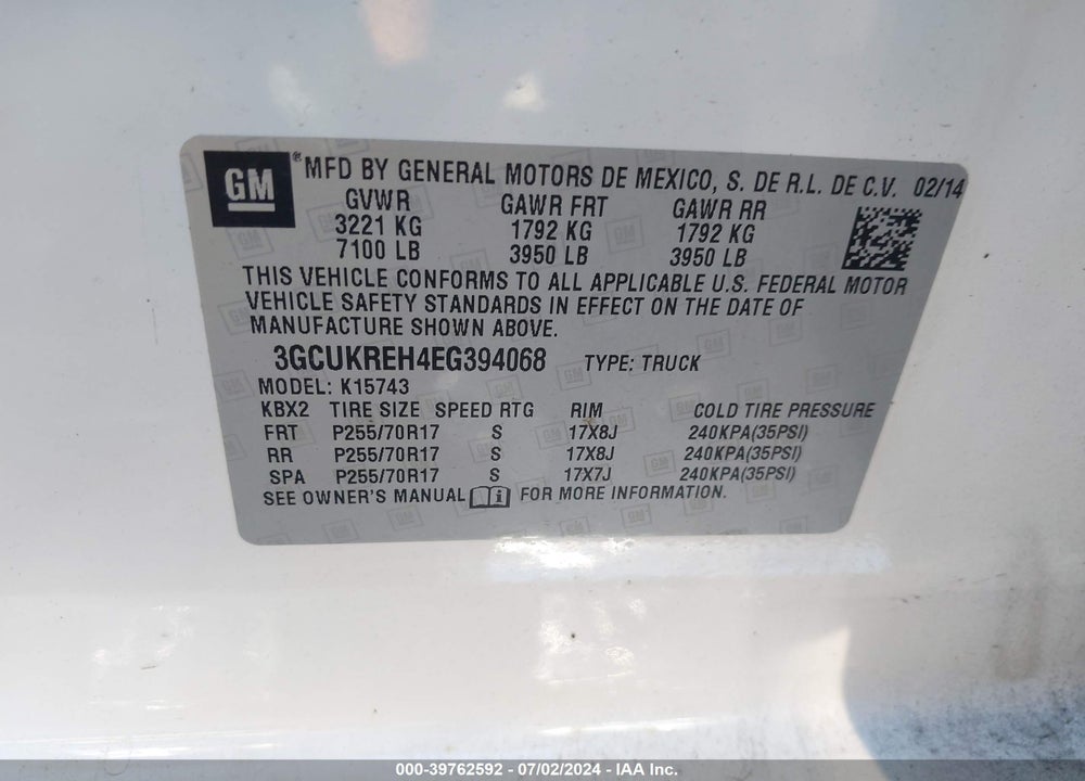 2014 CHEVROLET SILVERADO 1500 1LT VIN: 3GCUKREH4EG394068