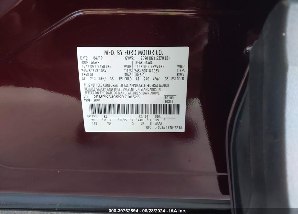 2019 FORD EDGE SEL VIN: 2FMPK3J95KBC08525