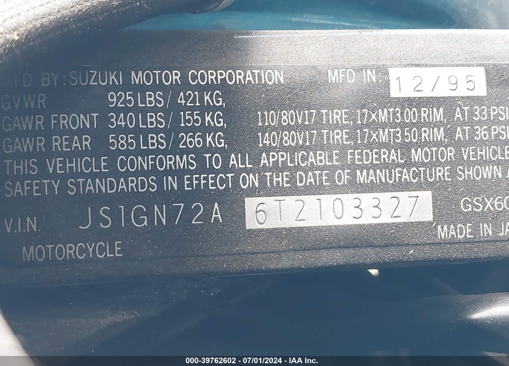 1996 SUZUKI GSX600 F VIN: JS1GN72A6T2103327