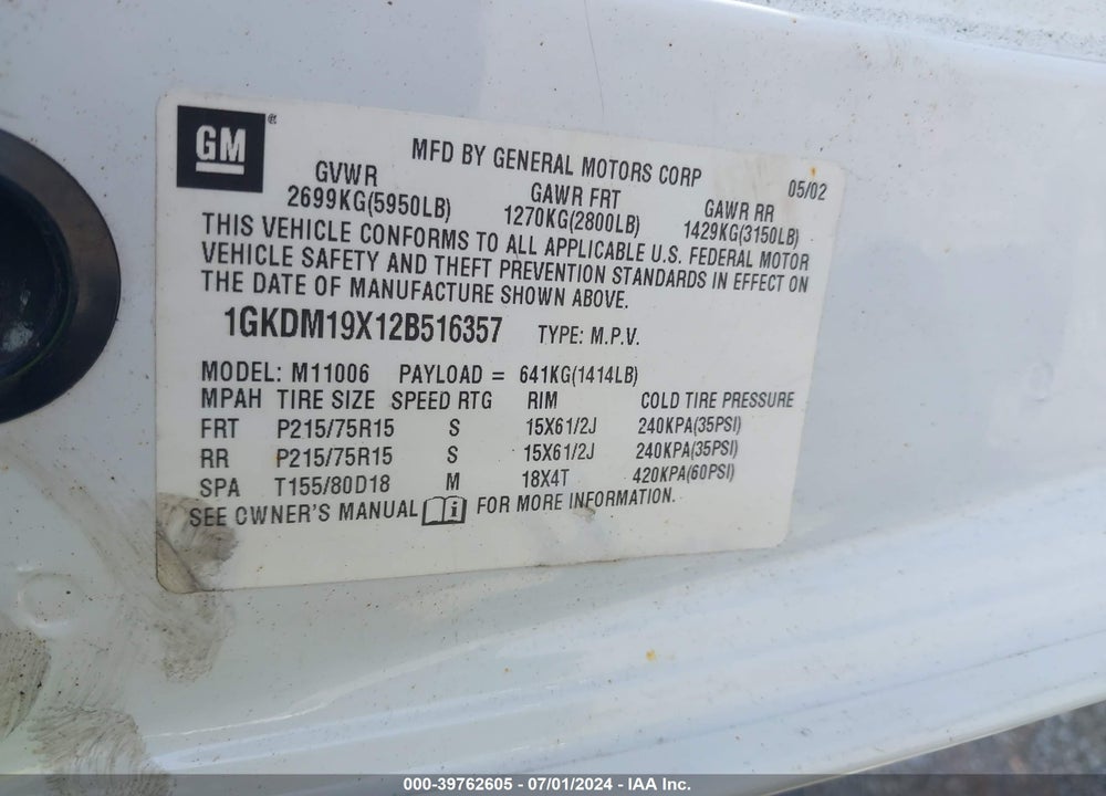 2002 GMC SAFARI SLE VIN: 1GKDM19X12B516357
