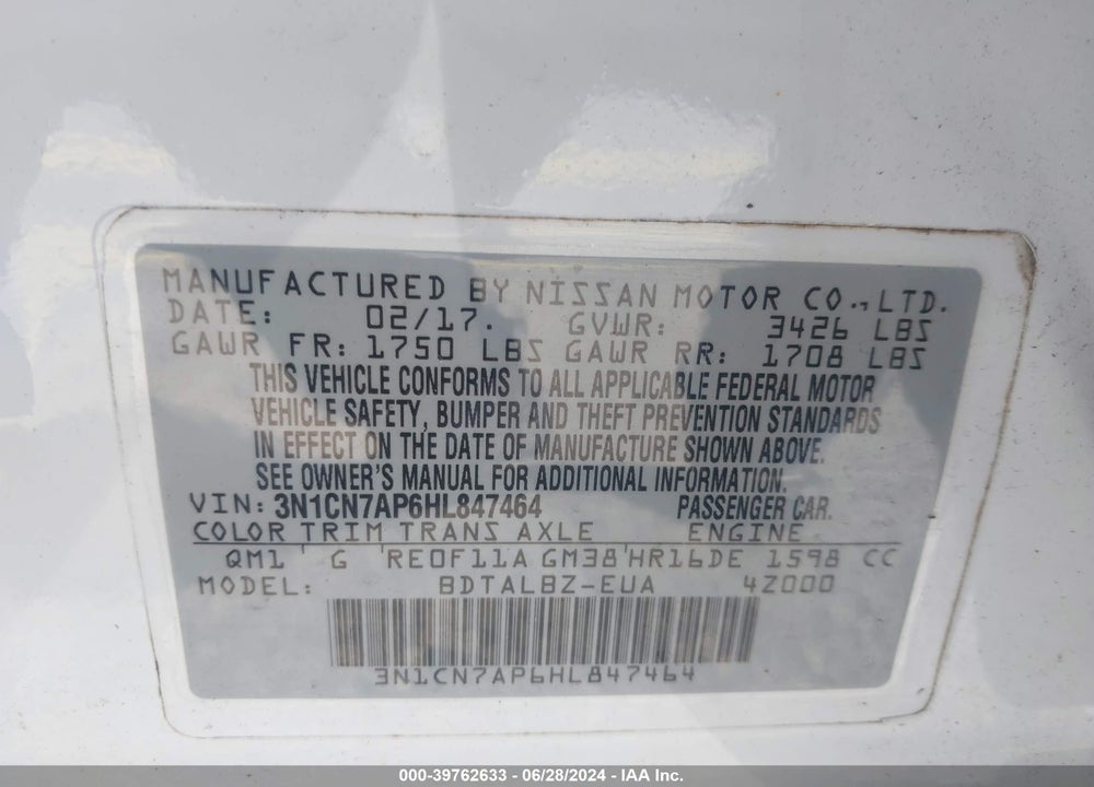 2017 NISSAN VERSA 1.6 SV VIN: 3N1CN7AP6HL847464