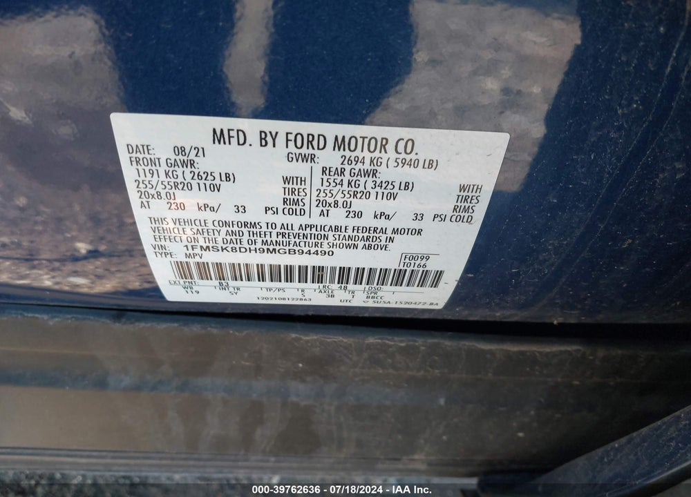 2021 FORD EXPLORER XLT VIN: 1FMSK8DH9MGB94490