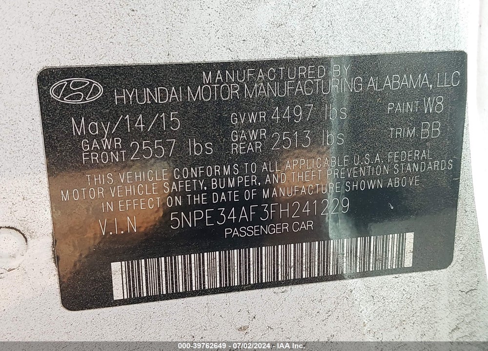 2015 HYUNDAI SONATA LIMITED VIN: 5NPE34AF3FH241229